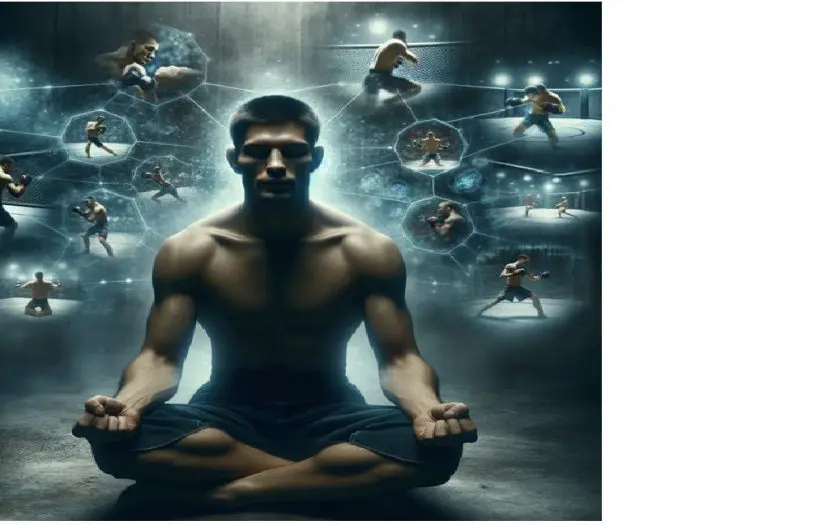 combattant en méditation entouré de visualisations de techniques de mma et arts martiaux