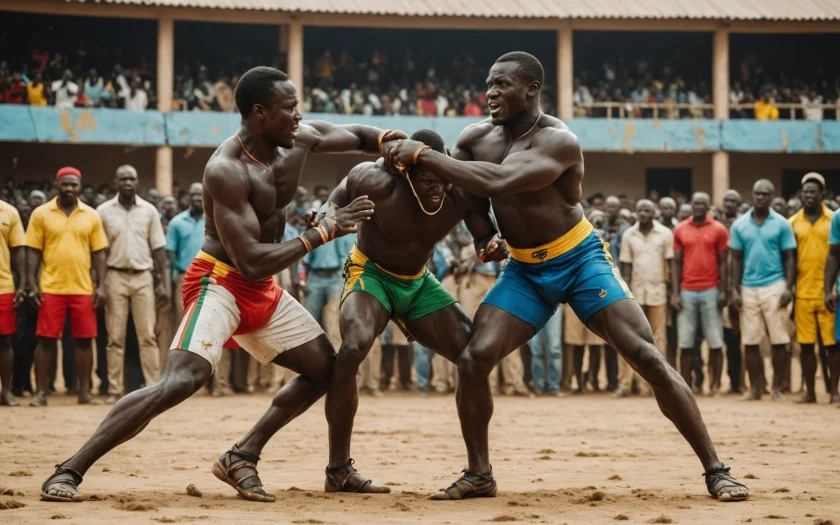 trois lutteurs sénégalais en compétition dans un stade avec spectateurs