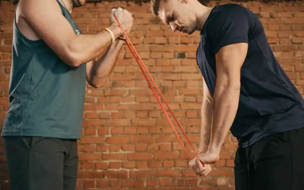 Two men exercising with a resistance band in a brick-walled gym setting.