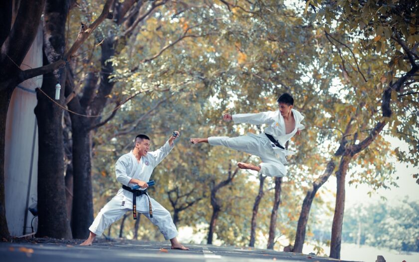 two men performing karate near trees during daytime