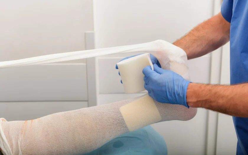 man putting medical bandage on left foot of person